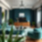 Elegant living room showcasing emerald green and navy blue decor